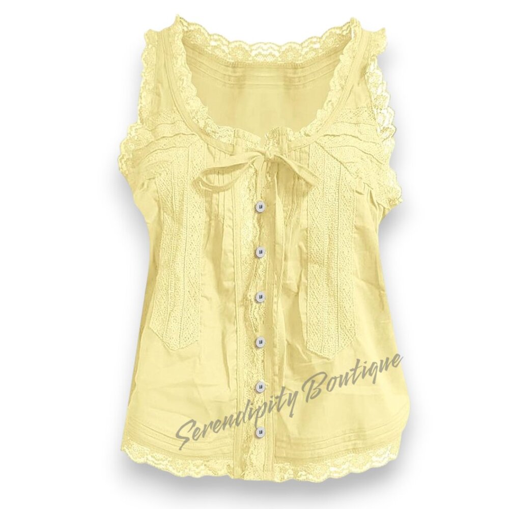 Boho Buttercup Yellow Linen Lace Feminine Peasant Sleeveless Top Blouse - Picture 6 of 11